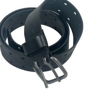 Black Leather Belt Perforated Double-row Design Two-prong Metal Buckle 48"